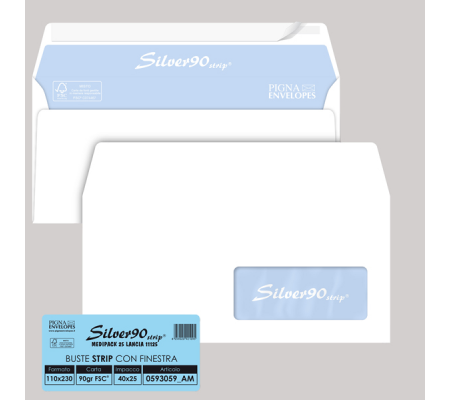 Busta silver90 strip FSC - bianca - internografata - con finestra - 110 x 230 mm - 90 gr - conf. 25 pezzi - Pigna - 0593059AM - 8059020921088 - DMwebShop