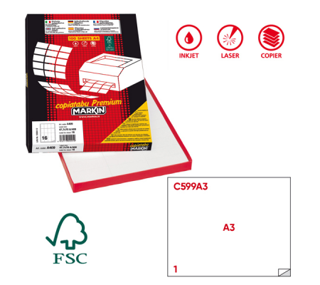 Etichetta adesiva C599 - permanente - 420 x 297 mm - 1 etichetta per foglio - bianco - scatola 100 fogli A3 - Markin - X214C599A3 - 8007047035080 - DMwebShop