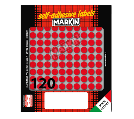 Etichetta adesiva - permanente - tonda Ø 10 mm - 120 etichette per foglio - 10 fogli per busta - rosso - Markin - 10004RO - 8007047035226 - DMwebShop