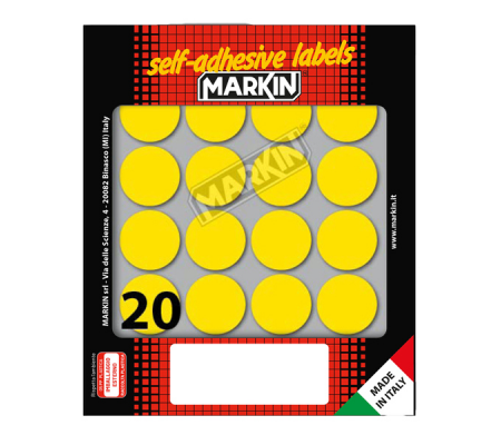 Etichetta adesiva - permanente - tonda Ø 27 mm - 20 etichette per foglio - 10 fogli per busta - giallo - Markin - 10008GI - 8007047035455 - DMwebShop