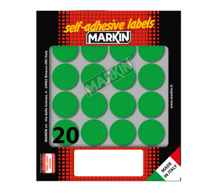 EticEtichetta adesiva - permanente - tonda Ø 27 mm - 20 etichette per foglio - 10 fogli per busta - verde - Markin - X10008VE - 8007047035448 - DMwebShop