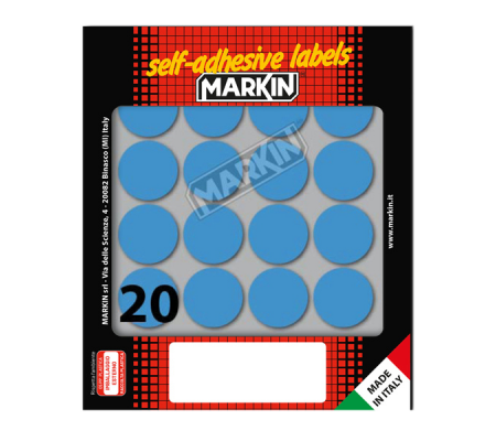 Etichetta adesiva - permanente - tonda Ø 27 mm - 20 etichette per foglio - 10 fogli per busta - blu - Markin - X10008BL - 8007047035431 - DMwebShop