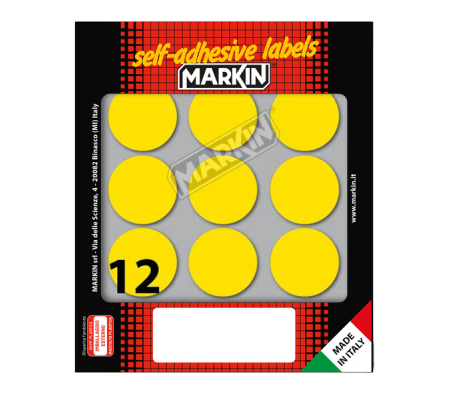 Etichetta adesiva - permanente - tonda Ø 34 mm - 12 etichette per foglio - 10 fogli per busta - giallo - Markin - 10009GI - 8007047035516 - DMwebShop