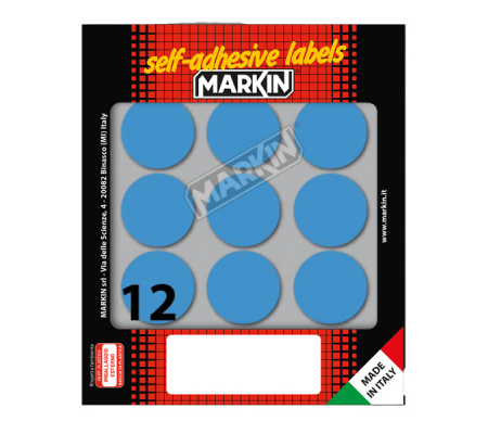 Etichetta adesiva - permanente - tonda Ø 34 mm - 12 etichette per foglio - 10 fogli per busta - blu - Markin - X10009BL - 8008842564775 - DMwebShop