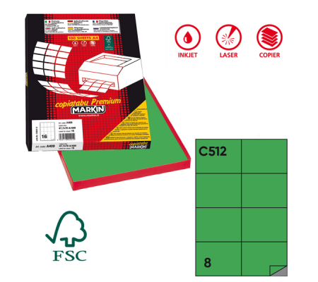 Etichetta adesiva C512 - permanente - 105 x 74,25 mm - 8 etichette per foglio - verde - scatola 100 fogli A4 - Markin - X210C512VE - 8007047022509 - DMwebShop