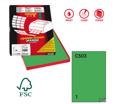 Etichetta adesiva C503 - permanente - 210 x 297 mm - 1 etichetta per foglio - verde - scatola 100 fogli A4 - Markin - 210C503VE - 8007047921888 - DMwebShop