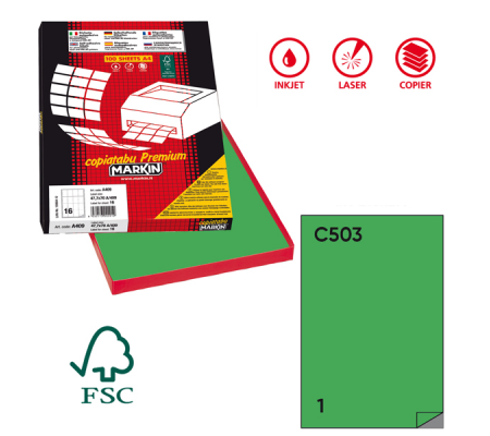 Etichetta adesiva C503 - in carta - permanente - 210 x 297 mm - 1 etichetta per foglio - verde - scatola 100 fogli A4 - Markin - X210C503VE - 8007047921888 - DMwebShop