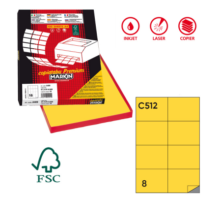 Etichetta adesiva C512 - permanente - 105 x 74,25 mm - 8 etichette per foglio - giallo - scatola 100 fogli A4 - Markin - 210C512G - 8007047022547 - DMwebShop