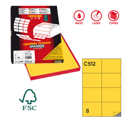 Etichetta adesiva C512 - permanente - 105 x 74,25 mm - 8 etichette per foglio - giallo - scatola 100 fogli A4 - Markin - X210C512G - 8007047022547 - DMwebShop