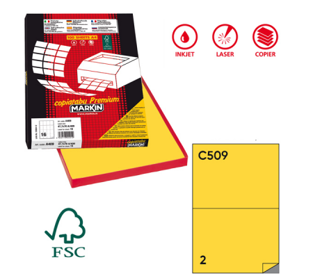 Etichetta adesiva C509 - permanente - 210 x 148,5 mm - 2 etichette per foglio - giallo - scatola 100 fogli A4 - Markin - X210C509GI - 8007047022325 - DMwebShop