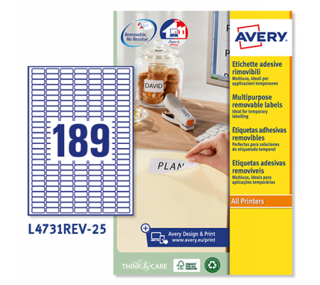 Etichetta adesiva L4731REV - rimovibile - 25,4 x 10 mm - 189 etic. per foglio - bianco - conf. 25 fogli A4 - Avery - L4731REV-25 - 5014702106422 - DMwebShop