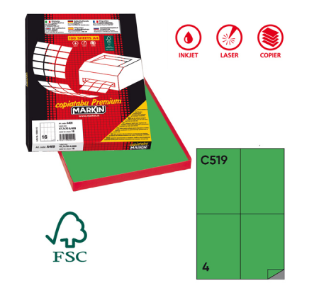 Etichetta adesiva C519 - permanente - 105 x 148,5 mm - 4 etichette per foglio - verde - scatola 100 fogli A4 - Markin - X210C519VE - 8007047023124 - DMwebShop