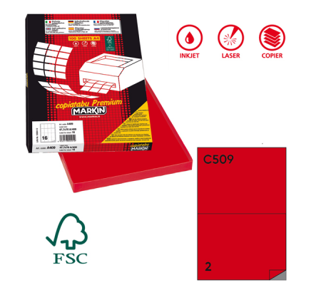 Etichetta adesiva C509 - in carta - permanente - 210 x 148,5 mm - 2 etichette per foglio - rosso - scatola 100 fogli A4 - Markin - X210C509RO - 8007047022356 - DMwebShop