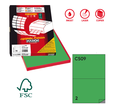 Etichetta adesiva C509 - in carta - permanente - 210 x 148,5 mm - 2 etichette per foglio - verde - scatola 100 fogli A4 - Markin - X210C509VE - 8007047022349 - DMwebShop