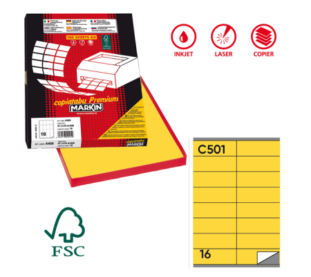 Etichetta adesiva C501 - permanente - 105 x 36 mm - 16 etichette per foglio - giallo - scatola 100 fogli A4 - Markin - X210C501GI - 8007047021694 - DMwebShop