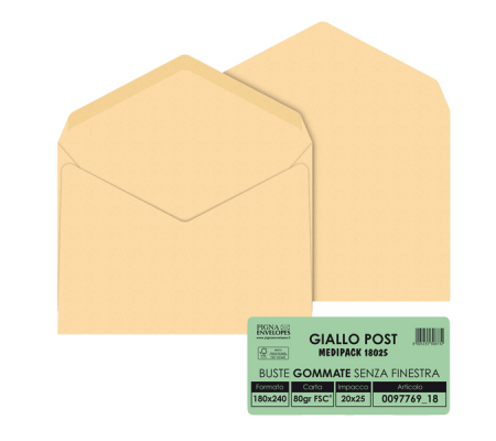 Busta GIALLO POSTALE gommata gialla carta riciclata FSC - 180 x 240 mm - 80 gr - conf. 25 pezzi - Pigna - 009776918 - 8005235016811 - DMwebShop