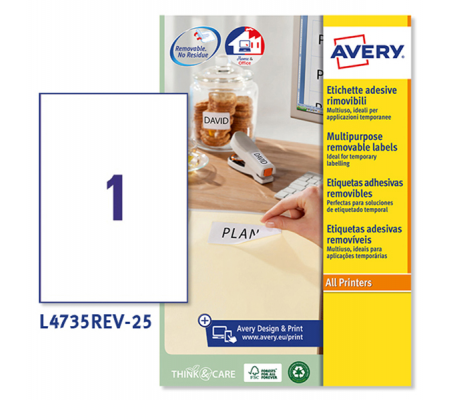 Etichetta adesiva L4735REV - rimovibile - 210 x 297 mm - 1 etichetta per foglio - bianco - conf. 25 fogli A4 - Avery - L4735REV-25 - 3266550132395 - DMwebShop