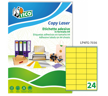 Etichetta adesiva LP4F - in carta - permanente - 70 x 36 mm - 24 etichette per foglio - giallo fluo - conf. 70 fogli A4 - Tico - LP4FG-7036 - 8007827270113 - DMwebShop