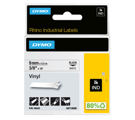 Nastro Rhino - 9 mm x 5,5 mt - vinile - nero-bianco - Dymo - 18443 - 071701184436 - DMwebShop