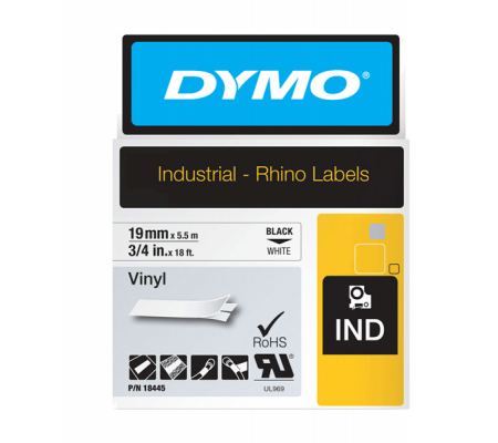 Nastro Rhino - 19 mm x 5,5 mt - vinile - nero-bianco - Dymo - 18445 - 071701184450 - DMwebShop