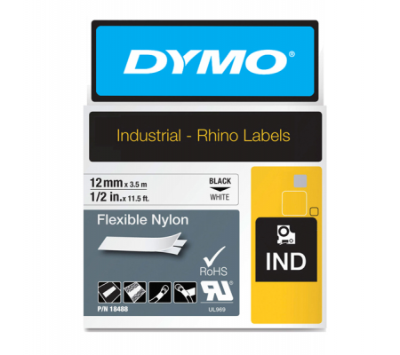 Nastro Rhino - 12 mm x 3,5 mt - nylon flessibile - nero-bianco - Dymo - S0718100 - 071701184887 - DMwebShop