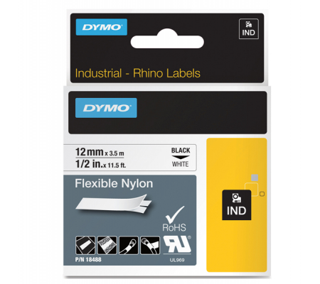 Nastro Rhino - 19 mm x 3,5 mt - nylon flessibile - nero-bianco - Dymo - 18489 - 071701184894 - DMwebShop