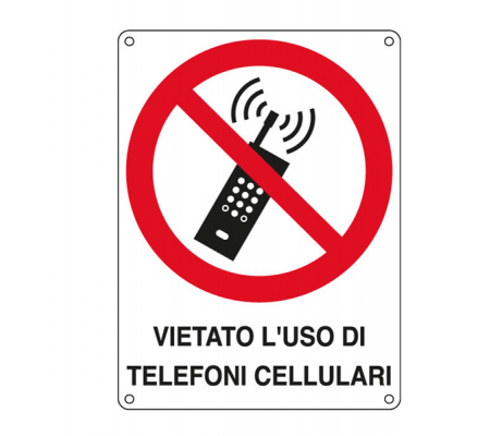 Cartello segnalatore - 16,6 x 23,3 cm - VIETATO L'USO DI TELEFONI CELLULARI - alluminio - Cartelli Segnalatori - E623801W - 8769006238016 - DMwebShop