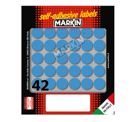 Etichetta adesiva - permanente - tonda Ø 18 mm - 42 etichette per foglio - 10 fogli per busta - blu - Markin - 10006BL - 8007047035318 - DMwebShop