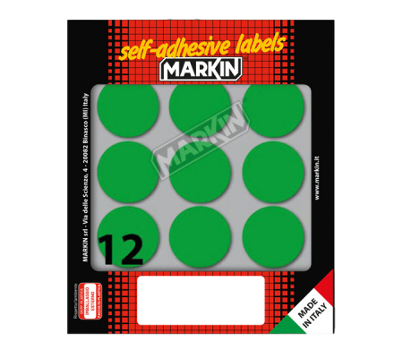 Etichetta adesiva - permanente - tonda Ø 34 mm - 12 etichette per foglio - 10 fogli per busta - verde - Markin - 10009VE - 8007047035509 - DMwebShop