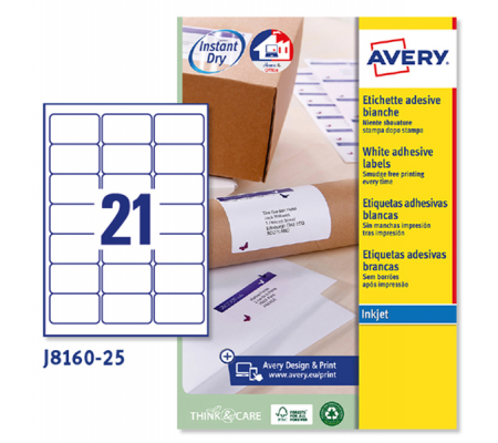 Etichetta adesiva J8160 - permanente - 63,5 x 38,1 mm - 21 etichetta per foglio - bianco - conf. 25 fogli A4 - Avery - J8160-25 - 5014702109027 - DMwebShop