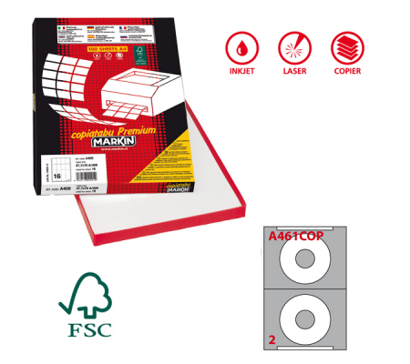 Etichetta adesiva per CD A461 - permanente - Ø CD 114,5 mm - foro 41 mm - 2 etic. per foglio - Markin - X210A461COP - 8007047021212 - DMwebShop