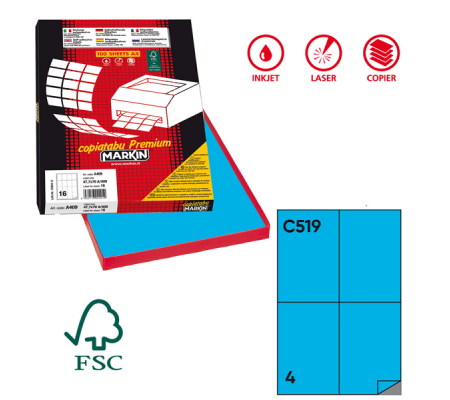 Etichetta adesiva C519 - permanente - 105 x 148,5 mm - 4 etichette per foglio - blu - scatola 100 fogli A4 - Markin - 210C519BL - 8007047024107 - DMwebShop