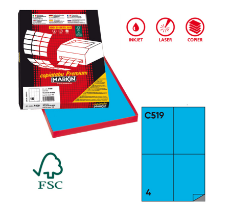 Etichetta adesiva C519 - permanente - 105 x 148,5 mm - 4 etichette per foglio - blu - scatola 100 fogli A4 - Markin - X210C519BL - 8007047024107 - DMwebShop