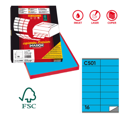 Etichetta adesiva C501 - permanente - 105 x 36 mm - 16 etichette per foglio - blu - scatola 100 fogli A4 - Markin - 210C501BL - 8007047023759 - DMwebShop