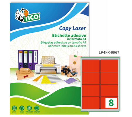 Etichetta adesiva LP4F - permanente - 99,1 x 67,7 mm - 8 etichette per foglio - rosso fluo - conf. 70 fogli A4 - Tico - LP4FR-9967 - 8007827270274 - DMwebShop
