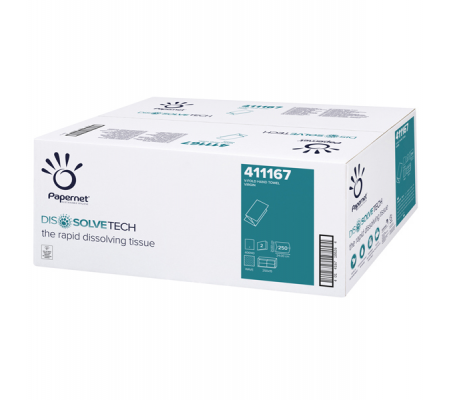 Asciugamani piegati a V Dissolve Tech - 2 veli - 20 gr - 24 x 21 cm - goffratura a onda - bianco - conf. 15 pezzi da 250 - Papernet - 411167 - 08024929511678 - DMwebShop