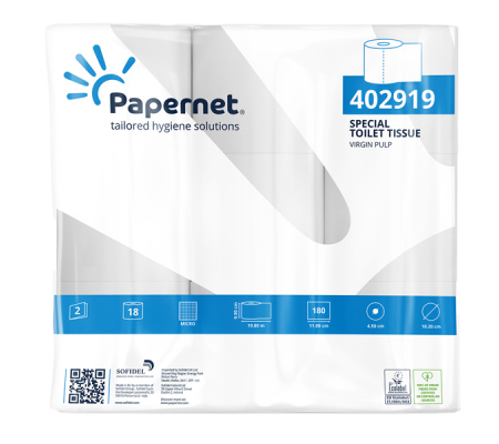 Carta igienica - 2 veli - 16,5 gr - Ø 10,2 cm - 9,5 cm x 19,8 mt - 180 strappi - pacco 18 rotoli - Papernet - 402919 - 8013924429194 - DMwebShop