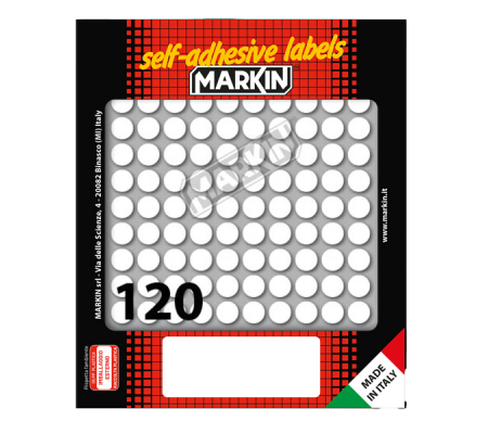 Etichetta adesiva - permanente - tonda Ø 10 mm - 120 etichette per foglio - bianco - 10 fogli per confezione - Markin - 10004 - 8007047035189 - DMwebShop