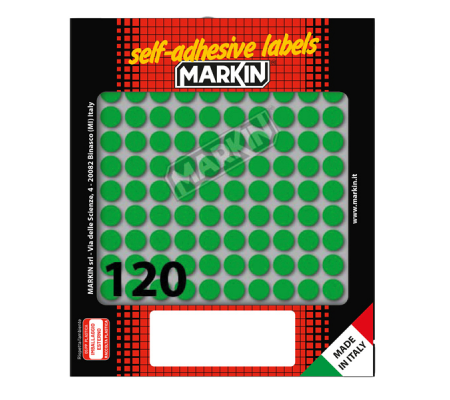 Etichetta adesiva - permanente - tonda Ø 10 mm - 120 etichette per foglio - 10 fogli per busta - verde - Markin - 10004VE - 8007047035202 - DMwebShop