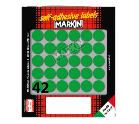 Etichetta adesiva - permanente - tonda Ø 18 mm - 42 etichette per foglio - 10 fogli per busta - verde - Markin - 10006VE - 8007047035325 - DMwebShop