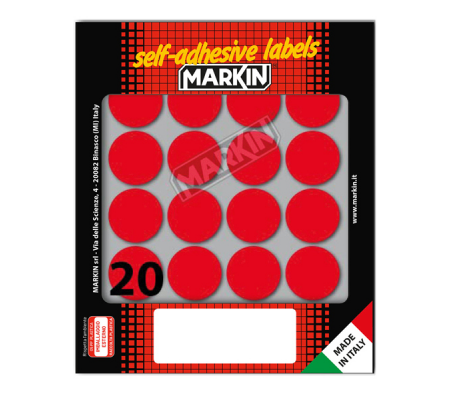 Etichetta adesiva - permanente - tonda Ø 27 mm - 20 etichette per foglio - 10 fogli per busta - rosso - Markin - 10008RO - 8007047035462 - DMwebShop