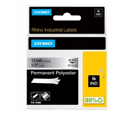 Nastro Rhino - 12 mm x 5,5 mt - poliestere - permanente - nero-metallo - Dymo - S0718180 - 071701184863 - DMwebShop