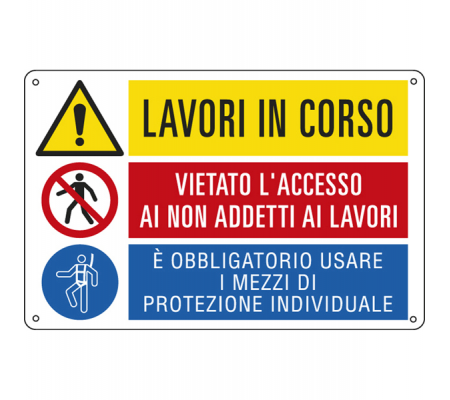 Cartello segnalatore multisimbolo - 50 x 33,3 cm - LAVORI IN CORSO/VIETATO L'ACCESSO/E' OBBLIGATORIO - alluminio - E2948 - 8798310072948 - DMwebShop