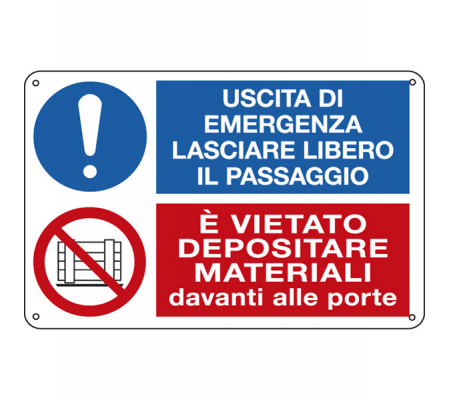 Cartello segnalatore multisimbolo - 30 x 20 cm - USCITA DI EMERGENZA/E' VIETATO DEPOSITARE - alluminio - Cartelli Segnalatori - E3541 - 8798330083542 - DMwebShop