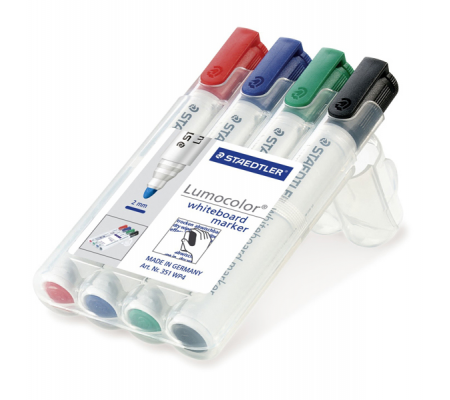 Pennarelli Lumocolor whiteboard 351 - tratto 2 mm - colori assortiti - conf. 4 pezzi - Staedtler - 351WP4 - 4007817314302 - DMwebShop