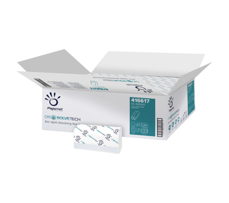 Asciugamani piegati a Z Dissolve Tech - 2 veli - 20 gr - goffrata - 20,3 x 24 cm - bianco - conf. 20 pezzi da 200 - Papernet - 416617 - 08013924967207 - DMwebShop