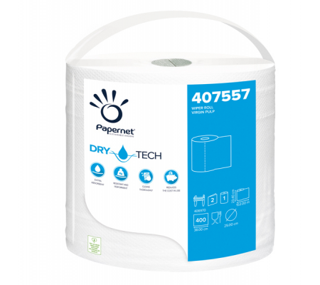 Bobina asciugatutto DryTech - 2 veli - Ø 25 cm - 23,4 cm x 152 mt - 400 strappi - finitura liscia - bianco - conf. 3 pezzi - Papernet - 407557 - 8024929475574 - DMwebShop