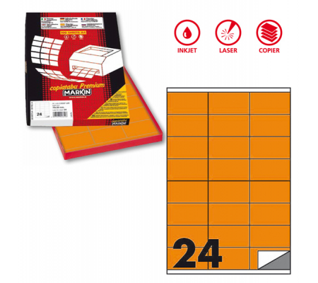 Etichetta adesiva C500 - permanente - 70 x 36 mm - 24 etichette per foglio - arancio fluo - scatola 100 fogli A4 - Markin - X210C500F-AR - 8007047051271 - DMwebShop