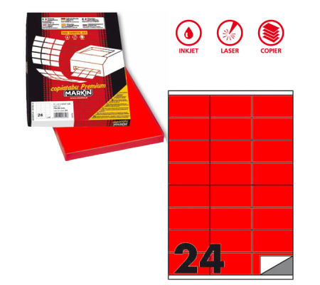 Etichetta adesiva C500 - permanente - 70 x 36 mm - 24 etichette per foglio - rosso fluo - scatola 100 fogli A4 - Markin - X210C500F-RO - 8007047051264 - DMwebShop