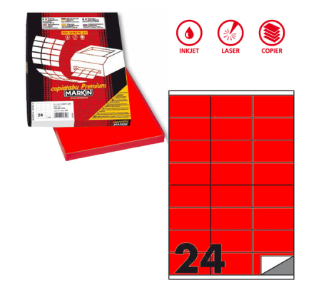 Etichetta adesiva C500 - in carta - permanente - 70 x 36 mm - 24 etichette per foglio - rosso fluo - 100 fogli A4 - Markin - X210C500F-RO - 8007047051264 - DMwebShop